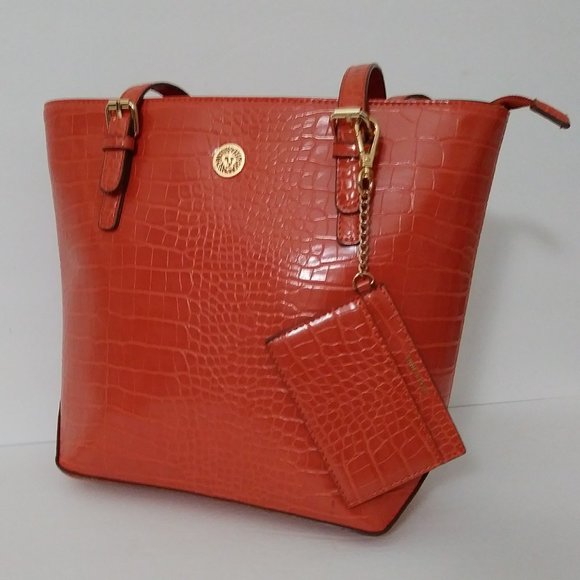 Anne Klein Handbags - Anne Klein Orange Crocodile Embossed Tote Bag